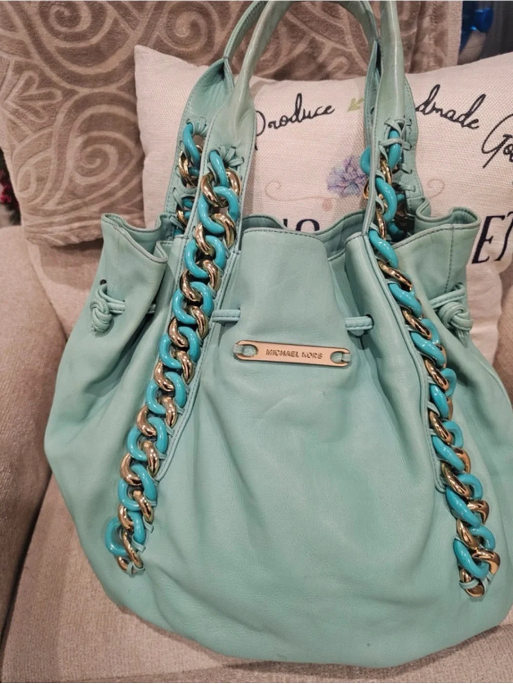 Michael Kors Mint Green Leather Shoulder Bag with Gold Chain Detail